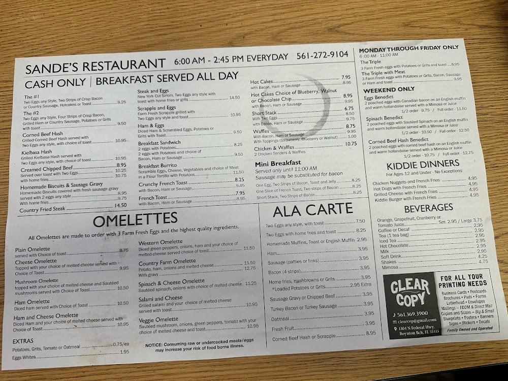 Sande's Restaurant Menu image 1